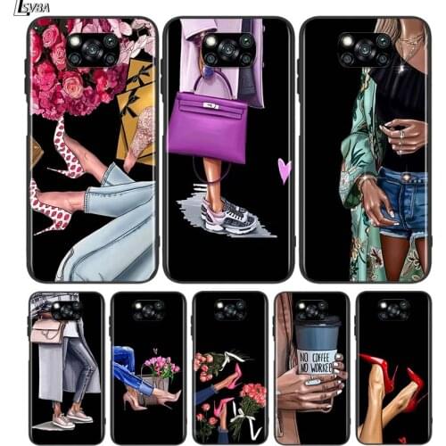 High Heels Flower Girl For Xiaomi Redmi K30 K30S Mi 10T Lite Pro Poco X3 NFC X2 M3 M2 F2 Pro C3 F1 Soft Black Phone Case