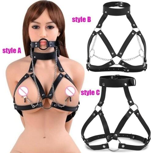 Bdsm 3 in 1 Restraint Set, Leather Cupless Bra Mouth Ring Gag Nipple Clamps&Chain Collar Female Body Bondage Harness Sex Toys
