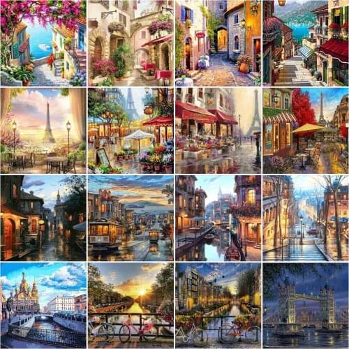 HUACAN DIY Oil Painting By Numbers Street Landscape On Canvas Wall Art Picture By Numbers Building For Living Room