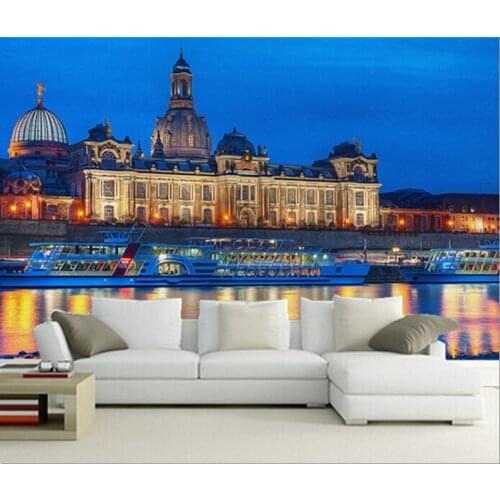 The latest 3D murals,3D European harbour city night, living room TV sofa bedroom background wall paper