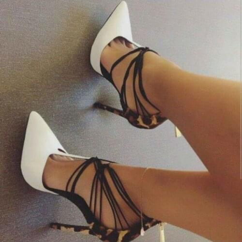 New Arrivals Leopard Heels Pumps White Pointed Toe Patchwork Party Dress Shoes Thin High Heel Cross Strappy T-shape Pumps