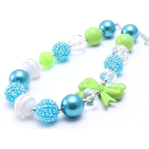 MHS.SUN Cute Baby Girls Chunky Beads Necklace With Green Bow Children Bubblegum Necklace Lovely Chunky Party Jewelry Gift 2Pcs