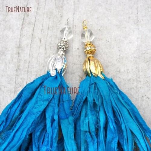Blue Sari Silk Tassel Pendant Gold Silver Tulip Cap Tassel Pendant Sari Silk Ribbon Pendant PM14658