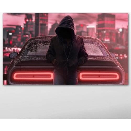 Canvas Paintings Alone Man Dodge Challenger Car City Posters and Prints Wall Art for Living Room Decor