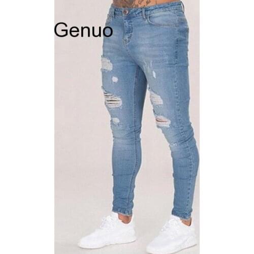 Mens Ripped Jeans For Men Casual Black Blue Skinny Slim Fit Denim Pants Biker Hip Hop Jeans With Sexy Holel Denim Pants