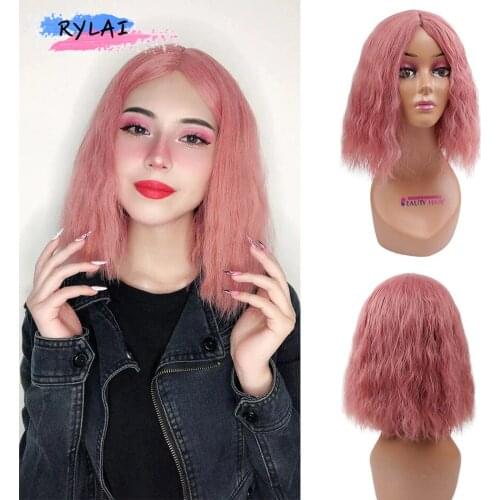 RYLAI Woman Short Pink Natural Black Synthetic Corn Curly Wigs for Women Heat Resistant Cosplay Hair Pink Brown Wig