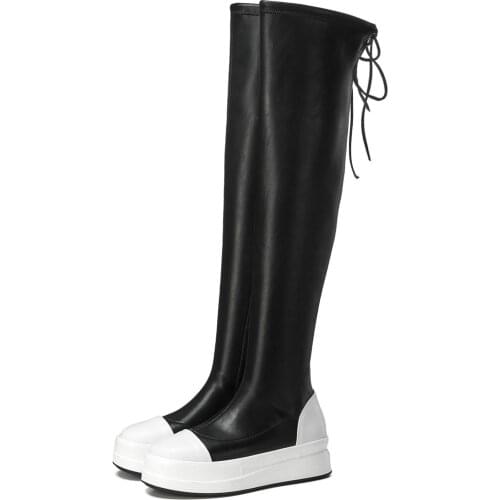 Casual Shoes Women Genuine Leather Chunky High Heels Over The Knee High Boots Female Round Toe Fashion Sneakers Platform Oxfords