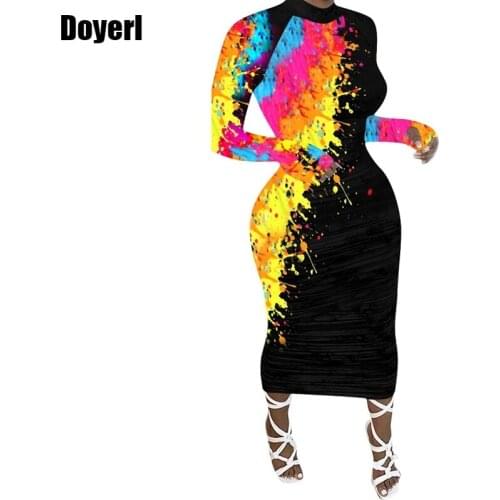Winter Autumn Woman Dress Plus Size Long Sleeve Tie Dye Print Casual Bodycon Dress Midi Vintage Night Club Party Dress for Women