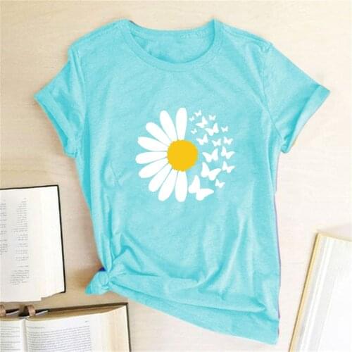 Vintage Daisy Flower Print T-Shirt Women O Neck Short Sleeve Tees Shirt Femme Summer Loose Tops Casual Tshirts Ropa Mujer