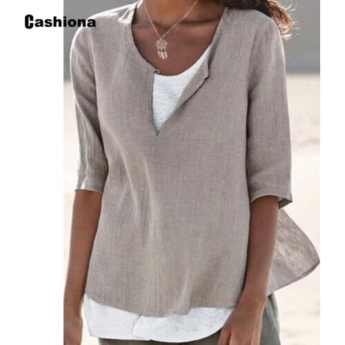 Cashiona 2021 summer new elegant leisure blouse women short sleeve linen tops plus size 4xl 5xl feminina blusas shirt ropa mujer