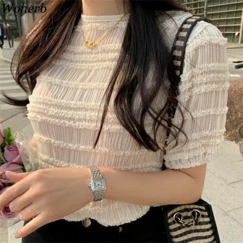 Woherb Korean Blouse Women Chic Pleated Sweet O Neck Shirt Puff Short Sleeve Gentle Fashion Blusas Mujer Ruffle Temperament Tops