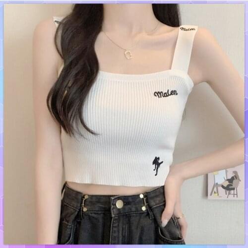 Embroidery Straps Camisole Women Knitted Solid Crop Tops Female Cute Crop Tank Tops For Women 2021 Summer Sleeveless French Vest