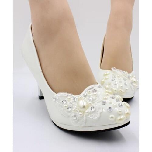 3 inches high heels lace pearls womens wedding shoes handmade NQ180 bridal wedding ivory pearls butterfly pumps shoes heel 8CM