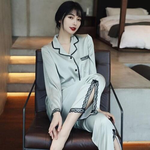2021 New Womens Pajamas Set Cardigan Silk Trouser Suits Bottom Split Spring Summer Sleepwear Turn-Down Collar White Pink FG369