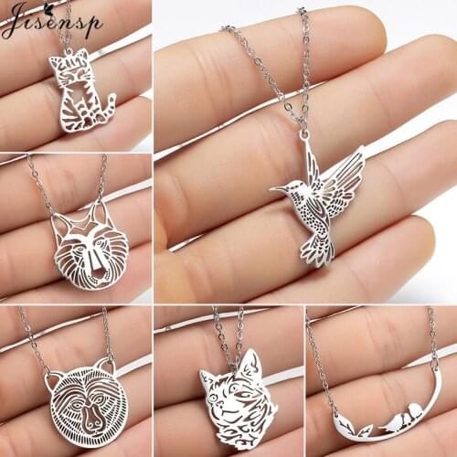 Cartoon Animal Simple Necklaces for Women Stainless Steel Hummingbird Pendant Necklace Cat Wolf Bear Clavicle Chain Necklaces
