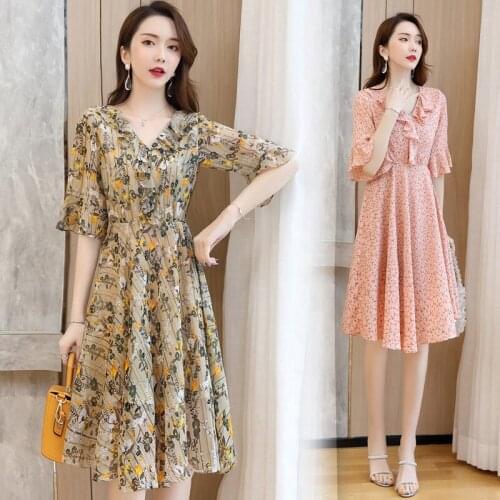New Summer Floral Chiffon Dress Female 2020 mid-sleeved Large Size Korean Dress for Women b317