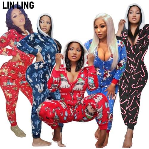 LINLING Winter Casual Zipper Hoodie with Christmas Cartoon Print Pattern for Home Wear V-neck Skinny Elastic Jumpsuit