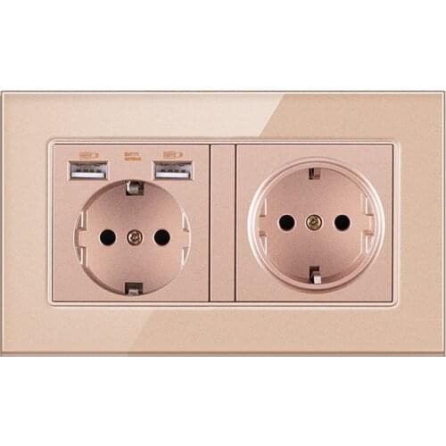 Gold EU Standard Electrical USB Socket Crystal Glass Panel Wall Germany EU Socket With USB Outlet AC110-250V 16A