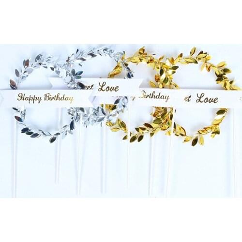 1PC 14X20CM Leaf Wreath Cupcake Toppers Happy Birthday Party DIY Cake Top Flags Decoration Baby Shower Wedding Party Cake Decor