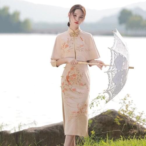 2021 ao dai chiffon long aodai women vietnam print flower cheongsam vintage mandarin collar elegant vietnam traditional dress