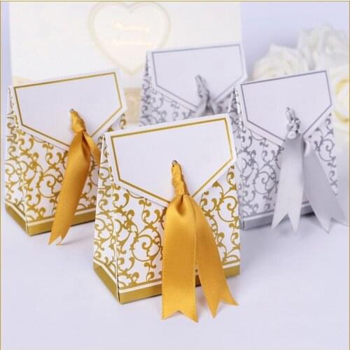 500pcs Lovely Candy Boxes With Ribbon Wedding Party Favor Gift Boxes DIY Candy Cookie Gift Boxes Sliver/ Gold lin2118