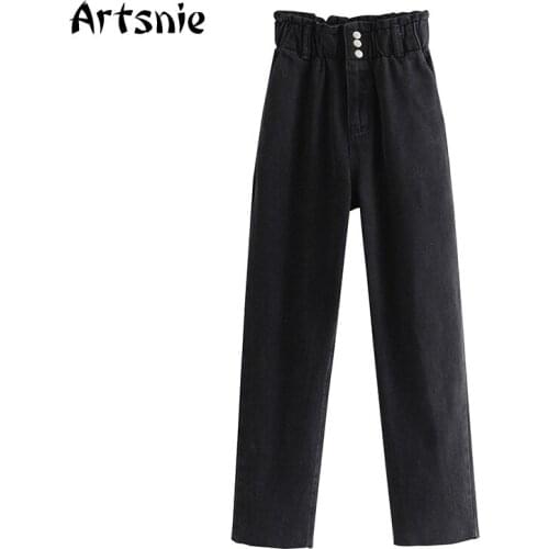 Artsnie High Waist Denim Pants Women Summer 2021 Black Casual Pockets Jeans Femme Streetwear Boyfriend Ladies Long Pants Femme
