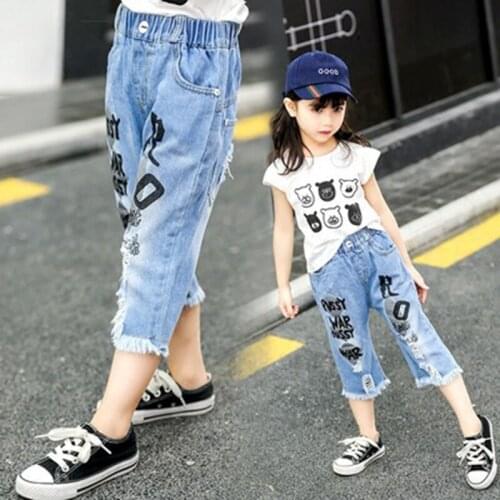Girls' Pants 2021 New Summer Fashion Kids' Thin Seventy-cent Pants Little Girls' Cartoon Print Jeans