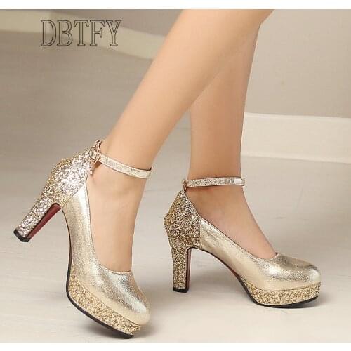 Gold Silver Women High Heels Catwalk Shoes Ankle Buckle Sequins Spring Autumn Platform High Heels Wedding Banquet Shoes New 2021