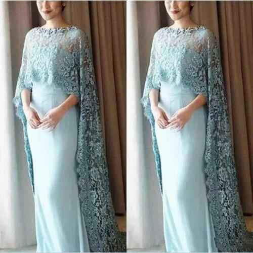 Elegant Dusty Blue Strapless Sheath Wedding Guest Dress Mother Of The Bride Dresses With Lace Cape