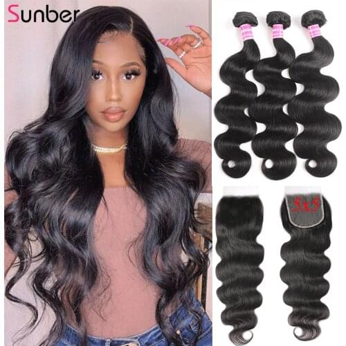 Sunber 5X5 HD Lace Closure With Bundles Pre-plucked 150% density Remy Lace Front Peruvian Body Wave Bundles With Closure Hair