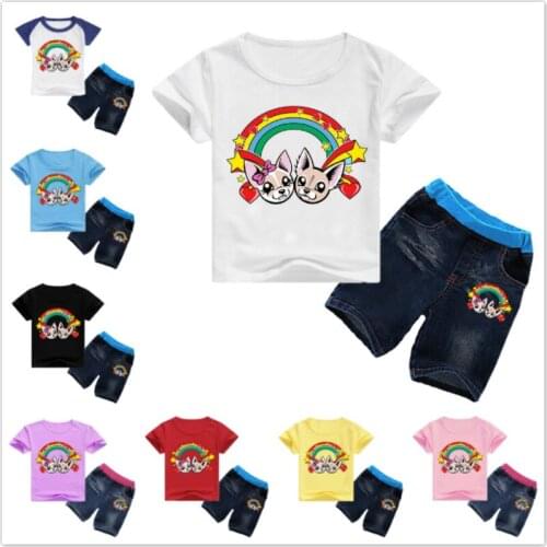 Summer Children Clothing Set Baby Boy Cartoon Me Contro Te Print Short Sleeve T-Shirt+Pants 2PCS Suits Girl Jeans Denim Kids Set