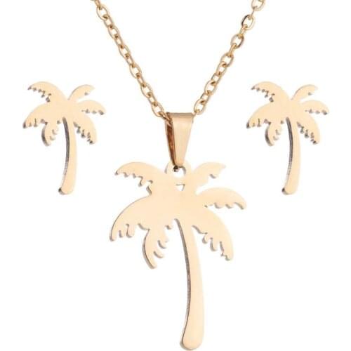 AsJerlya Coconut Tree Necklaces Jewelry Sets Stainless Steel Plant Stud Earrings Women Valentine Gifts Pendent Necklace Earrings
