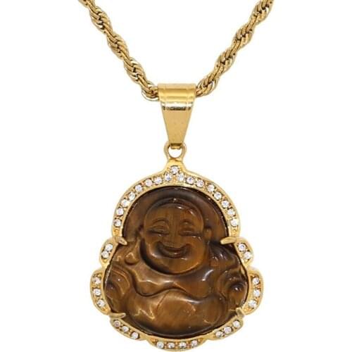 Stainless Steel Cat 's-Eye Colorful Maitreya Buddha Pendant Necklace Religious Jewelry Gift with Rope Chain