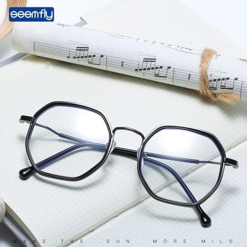 Seemfly Men Women Polygon Anti Blue Light Myopia Glasses Fashion Ultralight Short-sighted Spectacles With Diopters -0.5 to -3.5