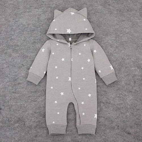 Baby Boy Autumn Clothing Long Sleeve Front Open Zipper Romper Jumpsuits Stars Printed Grey Clothes for Toddler Boy