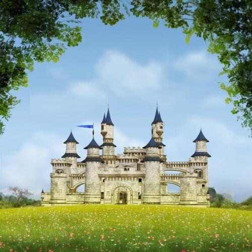 Fairy Tale World Photography Background White And Blue Palace On The Garden Blue Sky Green Leaves Backdrop For Youtube Videos