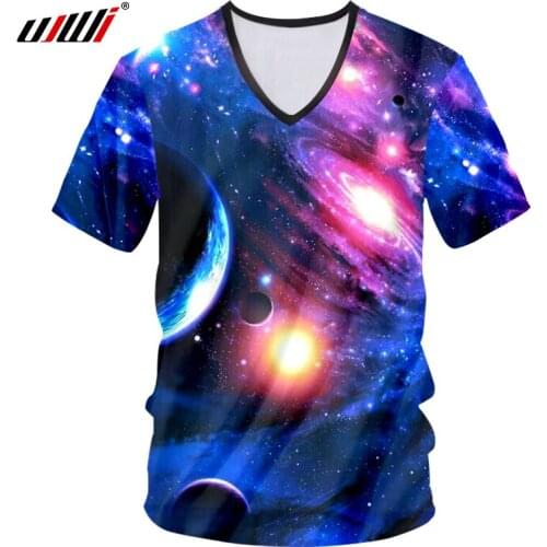 UJWI Deep V Neck Tshirts Men Fitness Clothes Short Sleeve Tee Shirt Man 3d Printed Galaxy Space T-Shirts Universe Undershirts