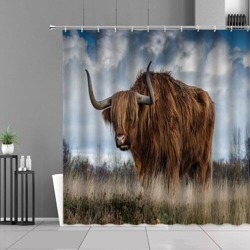 Highland Cow Shower Curtains Wild Animal Cattle Elephant Bear Deer Pattern Home Decor Waterproof Bathroom Curtain With Hooks Set