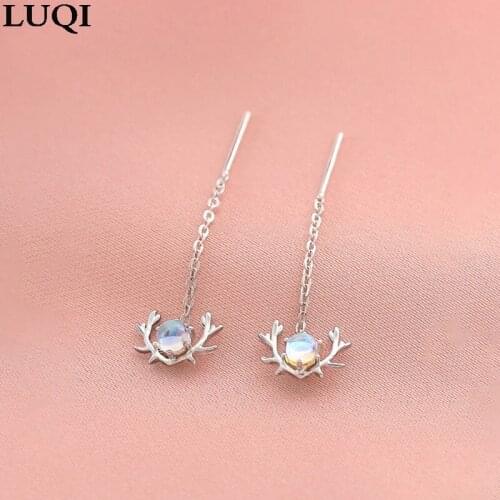 Womens Fashion Moonstone Moose Antlers S925 Silver Temperament All-match Earrings 647
