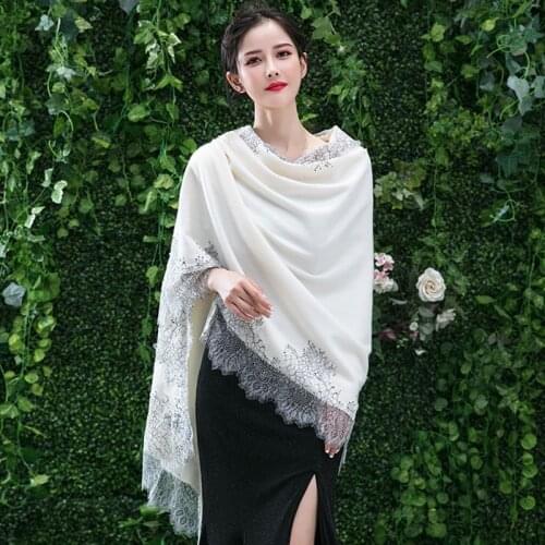 Women Autumn Pashmina Elegant Large Scarf Vintage Evening Dress Shawl Wrap Eyelash Floral Lace Edge Wedding Stole Cape