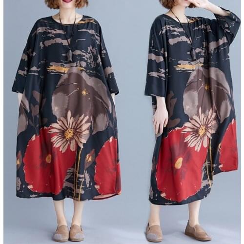 Plus Size Women Dress Spring Autumn Chinese Style Vintage Print Long Vestidos Female Elegant Oversize Loose Bat Sleeve Dresses