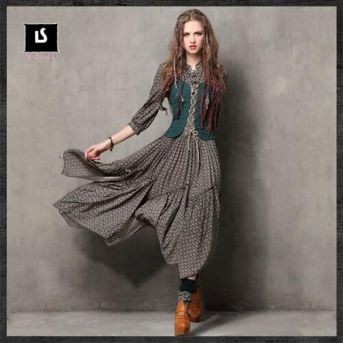 Kez keer 2018 Women 's Dress vintage style embroidery dresses maxi long & big hems False two-piece dress elegant female vestidos