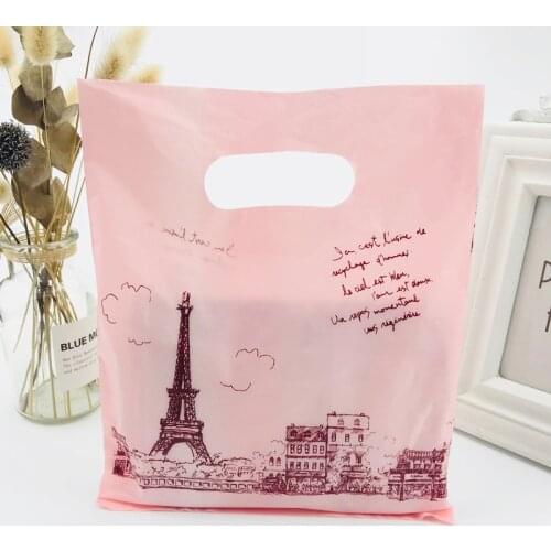 100pcs Pink Paris Tower Plastic Gift Bags Mini 20x25cm Small Boutique Shopping Clothes Bags Plastic Gift Bags With Handles