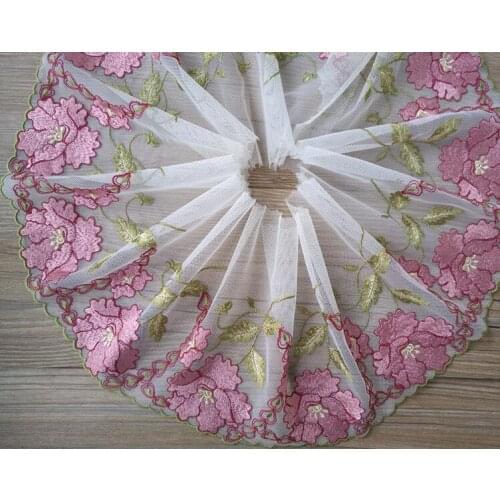 3 Yards Embroidery High Quality Lace Fabrics Embroidered Pink Floral Lace Trim Applique 17cm Free Shipping