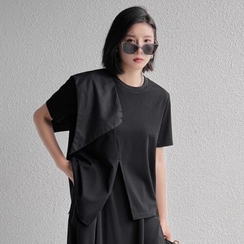Designers irregular niche top with split hem 2021 summer new personalized splicing short sleeve T-shirt for women
