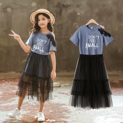 Girls 2021 Summer New Baby Girls Clothing Sets Fashion Style Letter T-Shirts+Net Veil Dress 2Pcs Girls Clothes Flower Embroidery