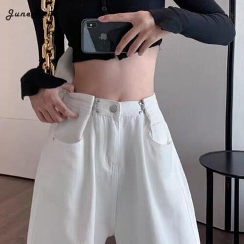 JuneRain High Street Fashion Women White Jeans Pants Straight Loose Denim Jeans Harajuku Summer Casual Pant Female Streetwear