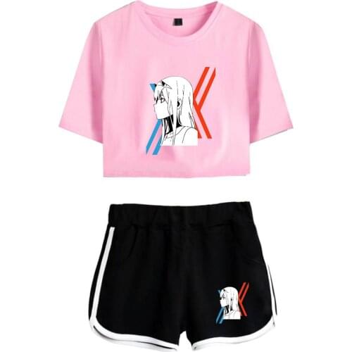 Animation DARLING in the FRANXX Exposed Navel T-shirt+shorts womens two-piece sets girls Zero Two t shirt Anime two-piece Suit