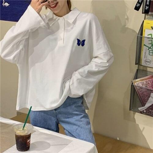 T-shirt Women Long Sleeve Turn-down Collar Loose Students Embroidery Harajuku Tops Autumn Korean All-match Trendy Tees Harajuku