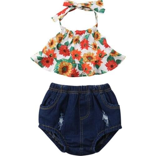New Summer 2PCS Baby Girls Sunflower Tops Dress Shorts Pants Outfits Clothes Set Toddler Girl Clothes Cotton O-neck Sleeveless